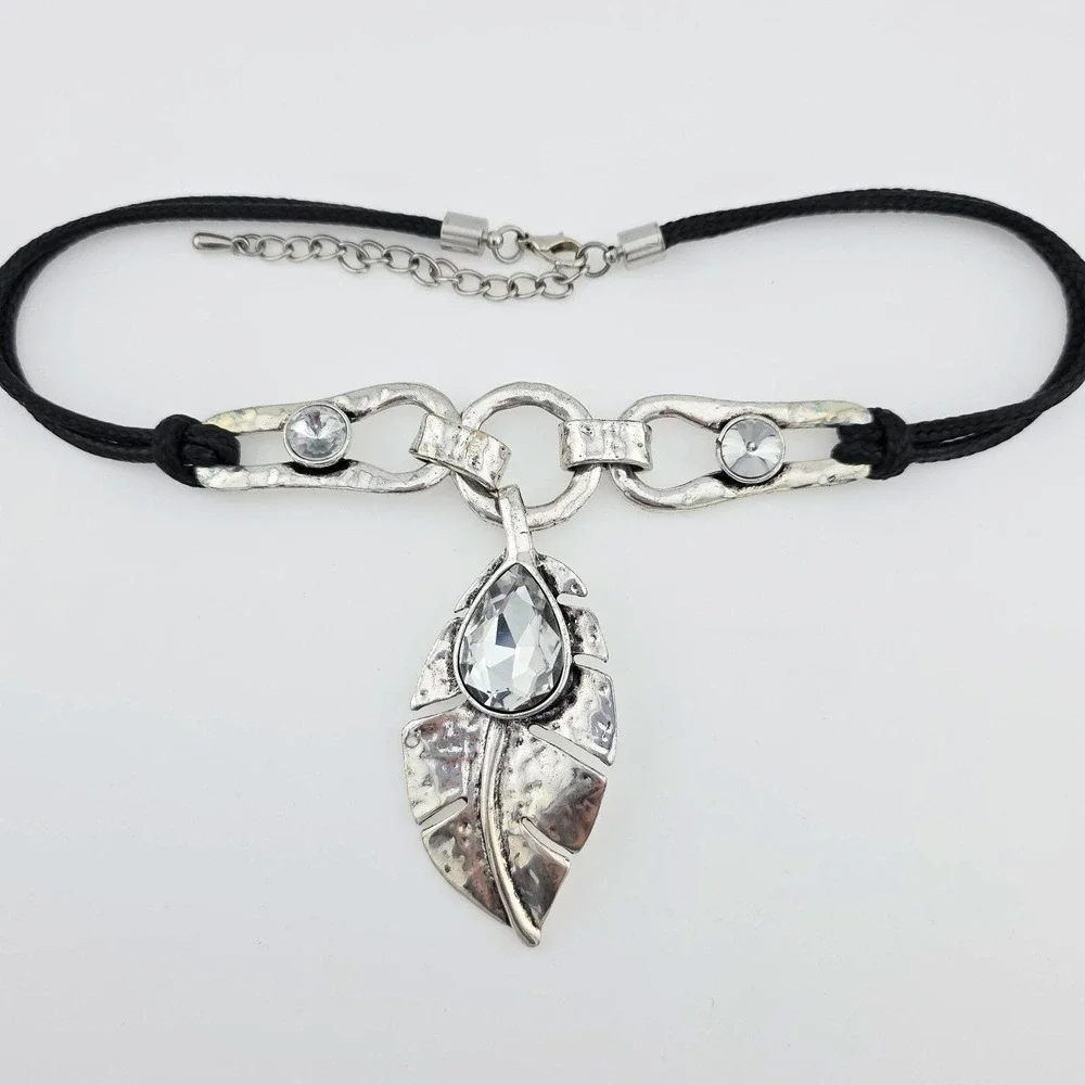 AVALAYA Leaf Pendent Necklace Statement Crystal 2‎ Strand Cord Silver Tone 20